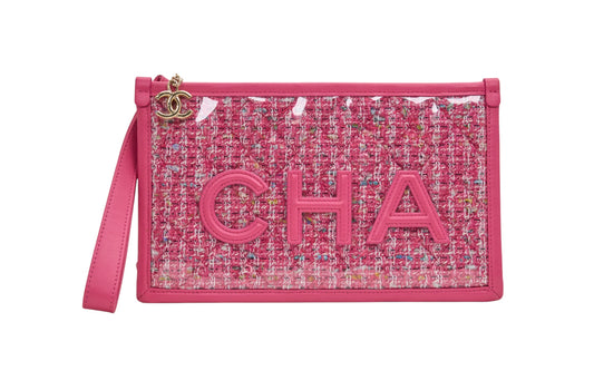 Chanel Tweed PVC Logo Wristlet Pouch