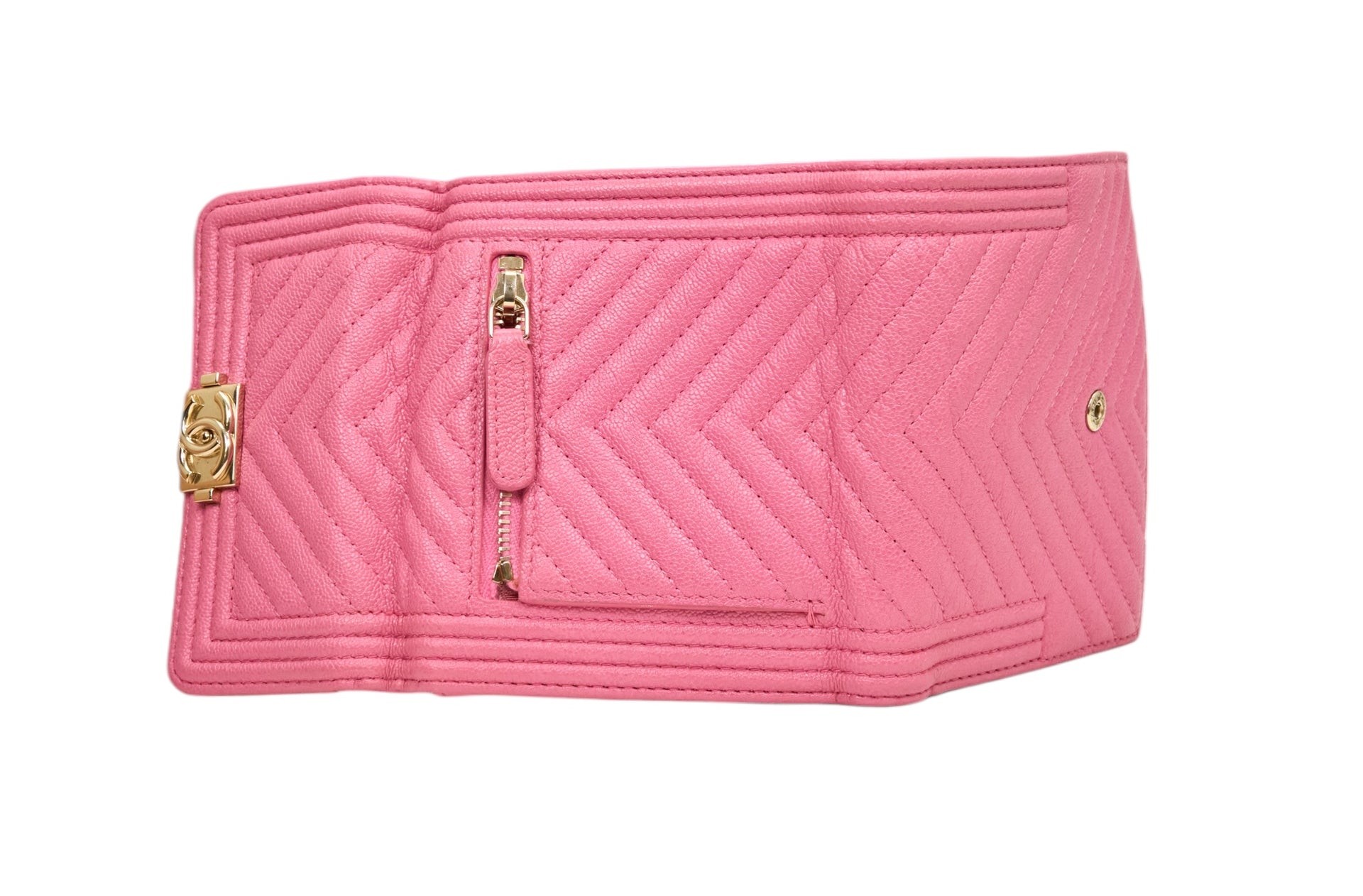 Chanel Pink Caviar Chevron Quilted Le Boy Small Compact Wallet
