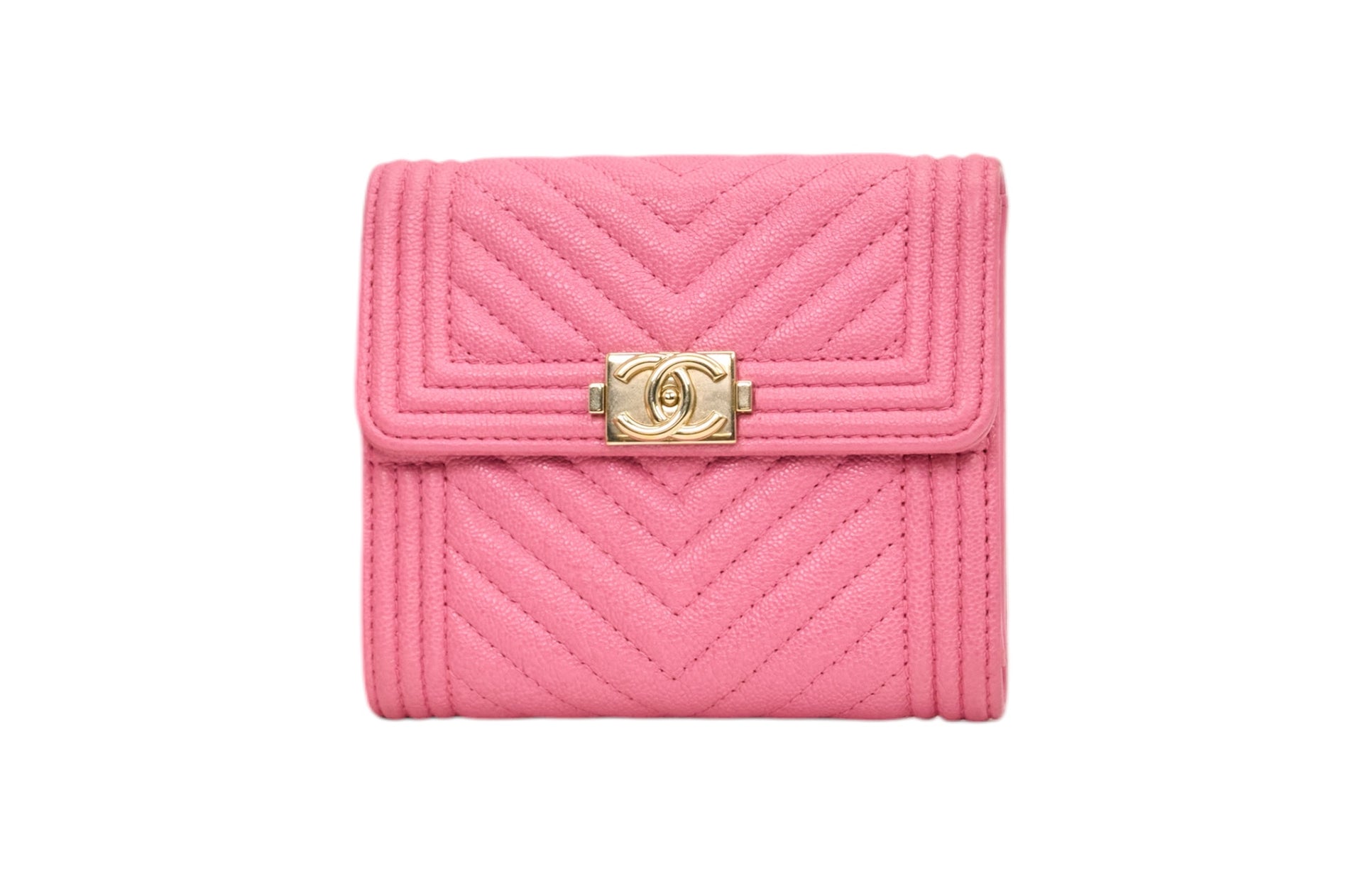 Chanel Pink Caviar Chevron Quilted Le Boy Small Compact Wallet