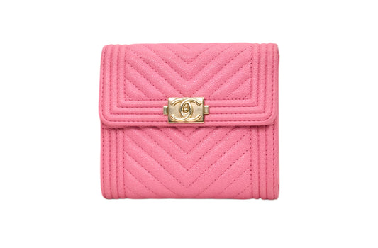 Chanel Pink Caviar Chevron Quilted Le Boy Small Compact Wallet