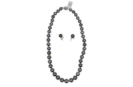 Cultured Tahitian Pearl Necklace and Earrings with Diamond Accent in 14K White Gold