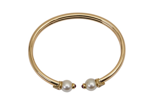 Akoya Pearl & Natural Ruby Cuff Bracelet in 18K Yellow Gold