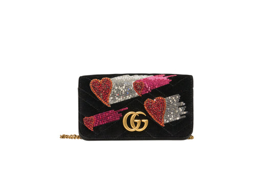 Gucci GG Marmont Heart Chain Flap Bag in Black Velvet