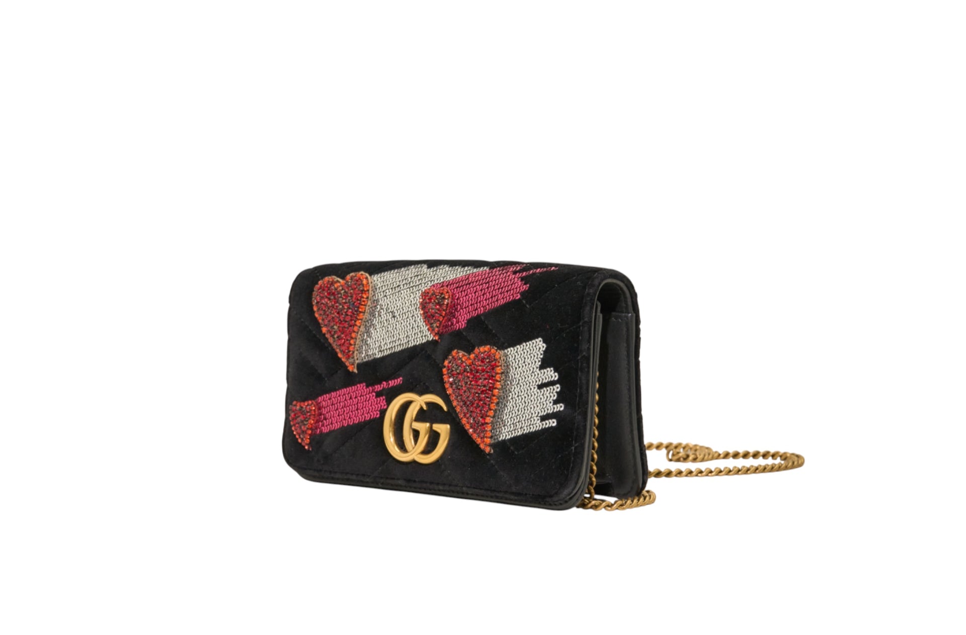 Gucci GG Marmont Heart Chain Flap Bag in Black Velvet