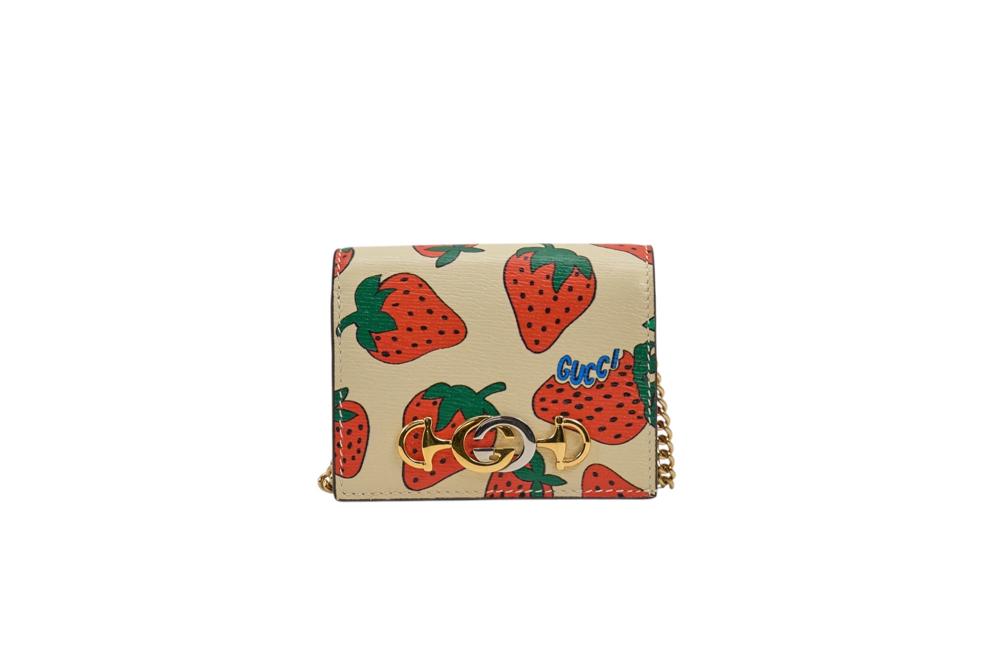 Gucci Zumi Strawberry Print Leather Wallet on Chain