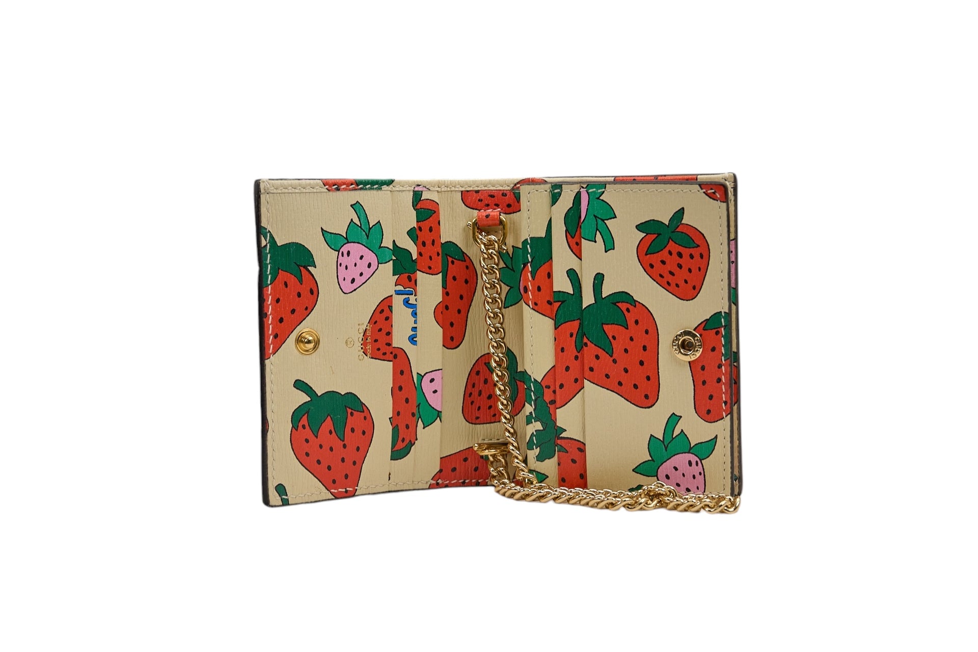 Gucci Zumi Strawberry Print Leather Wallet on Chain