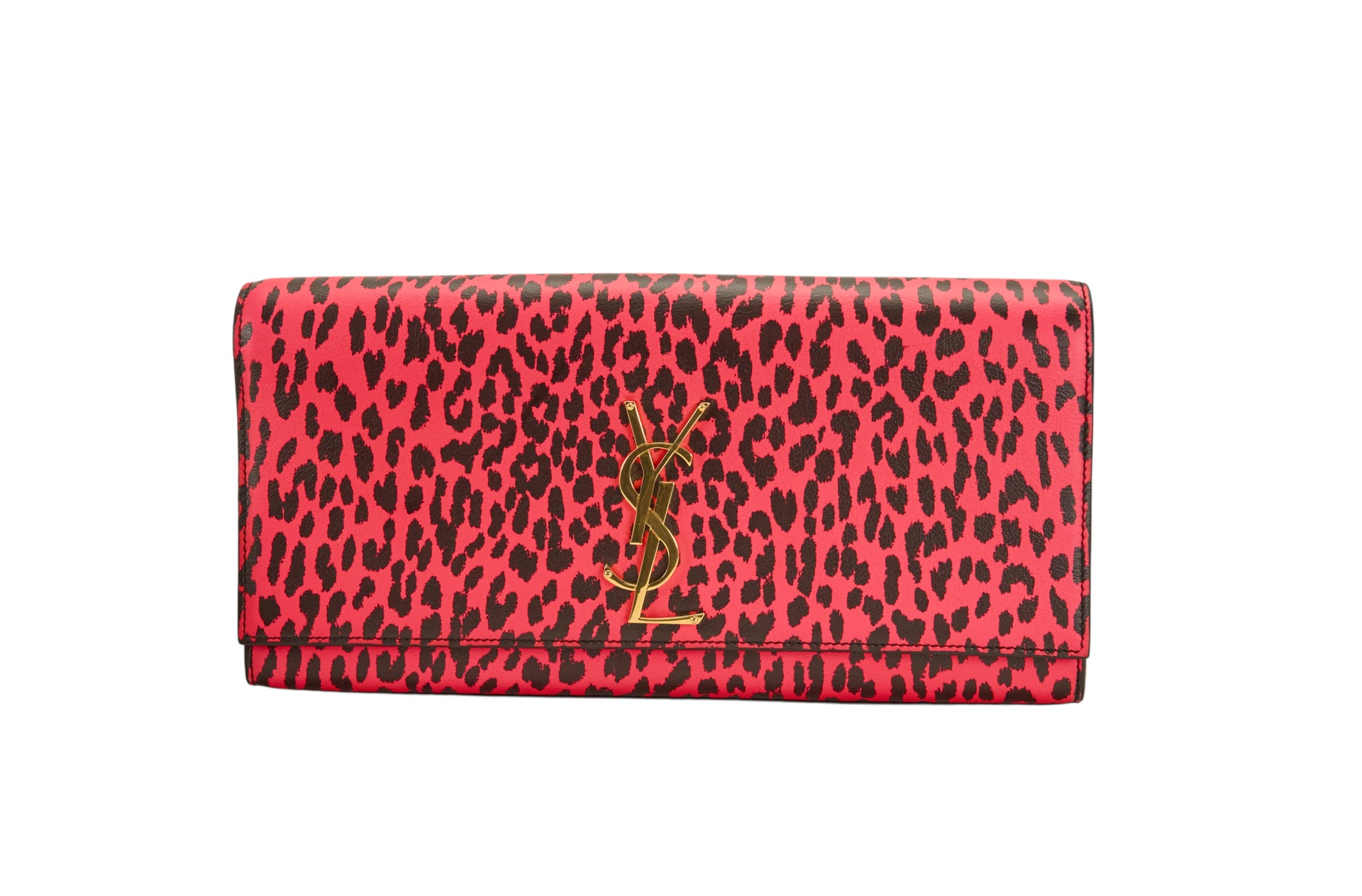 YSL Neon Pink Leopard Print Cassandre Clutch