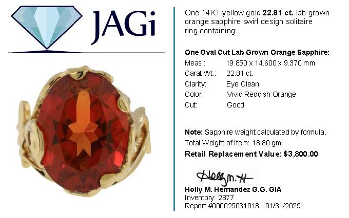 14K Yellow Gold 22.81ct. Orange Sapphire Vintage Style Ring