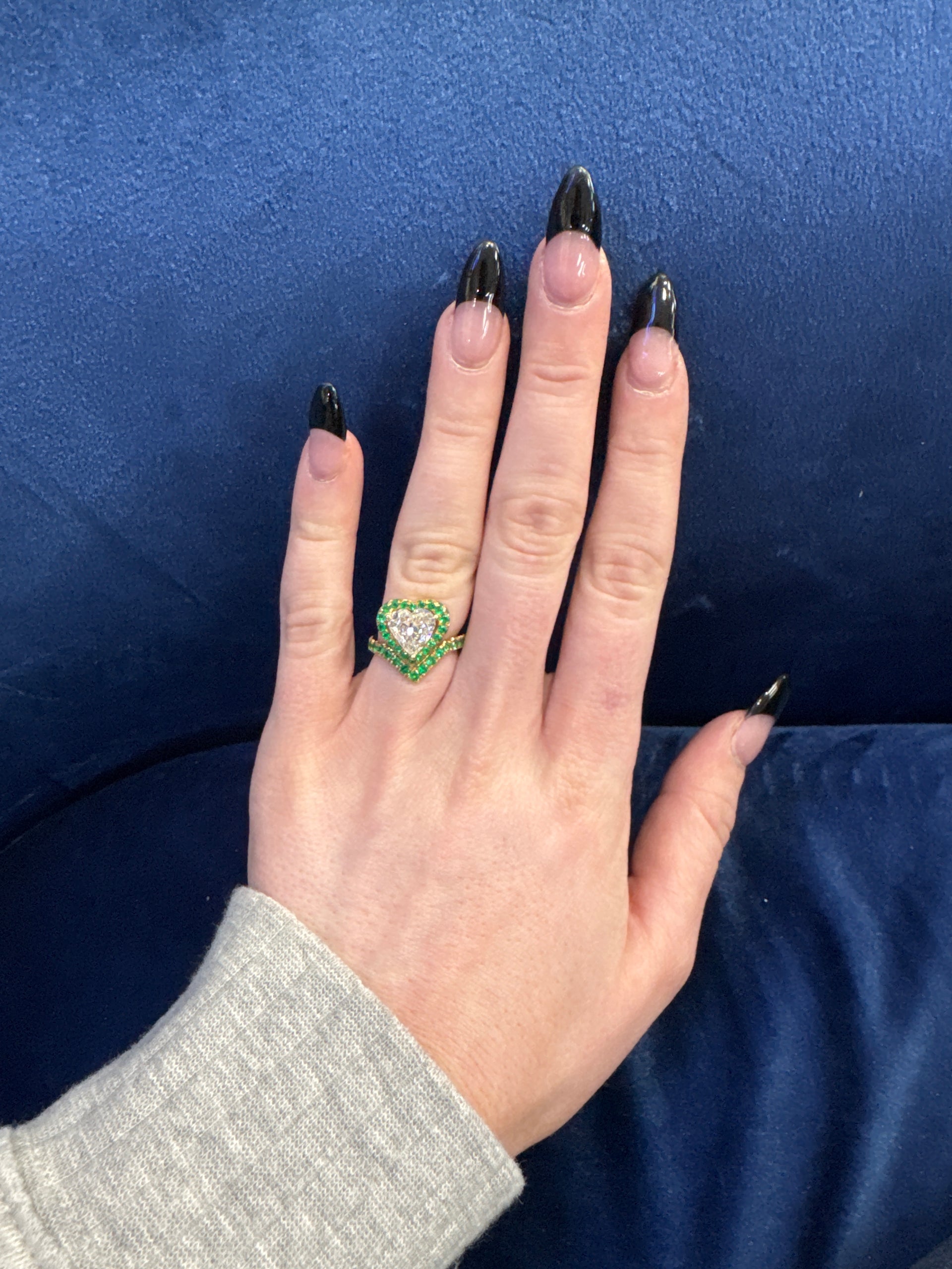 2.01ct. J VS2 GIA Natural Heart Shaped Diamond in 19k Yellow Gold Columbian Emerald Mounting