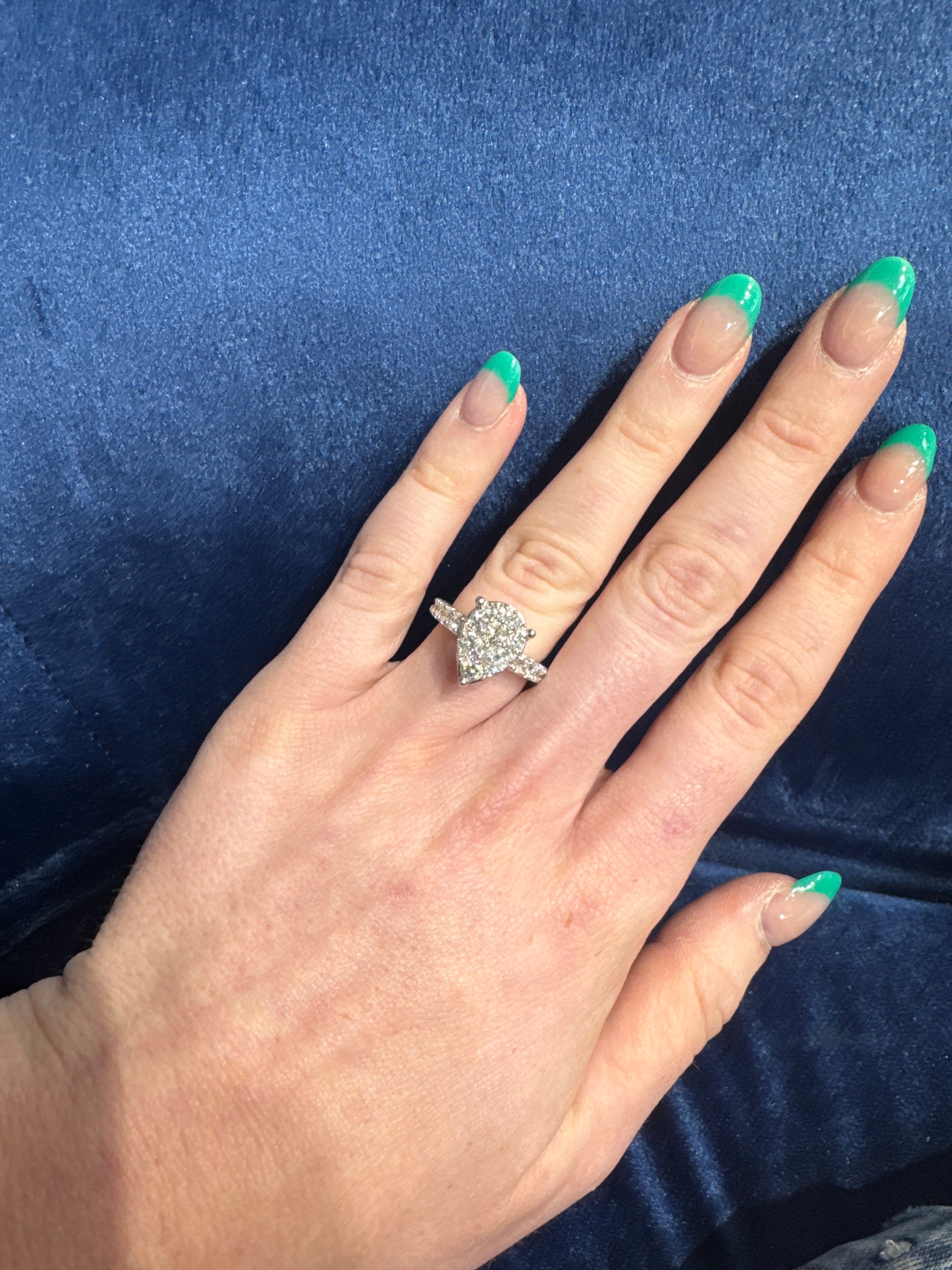 Natural Round Cluster Pear Shape Ring in 14K White Gold Sz 5.5