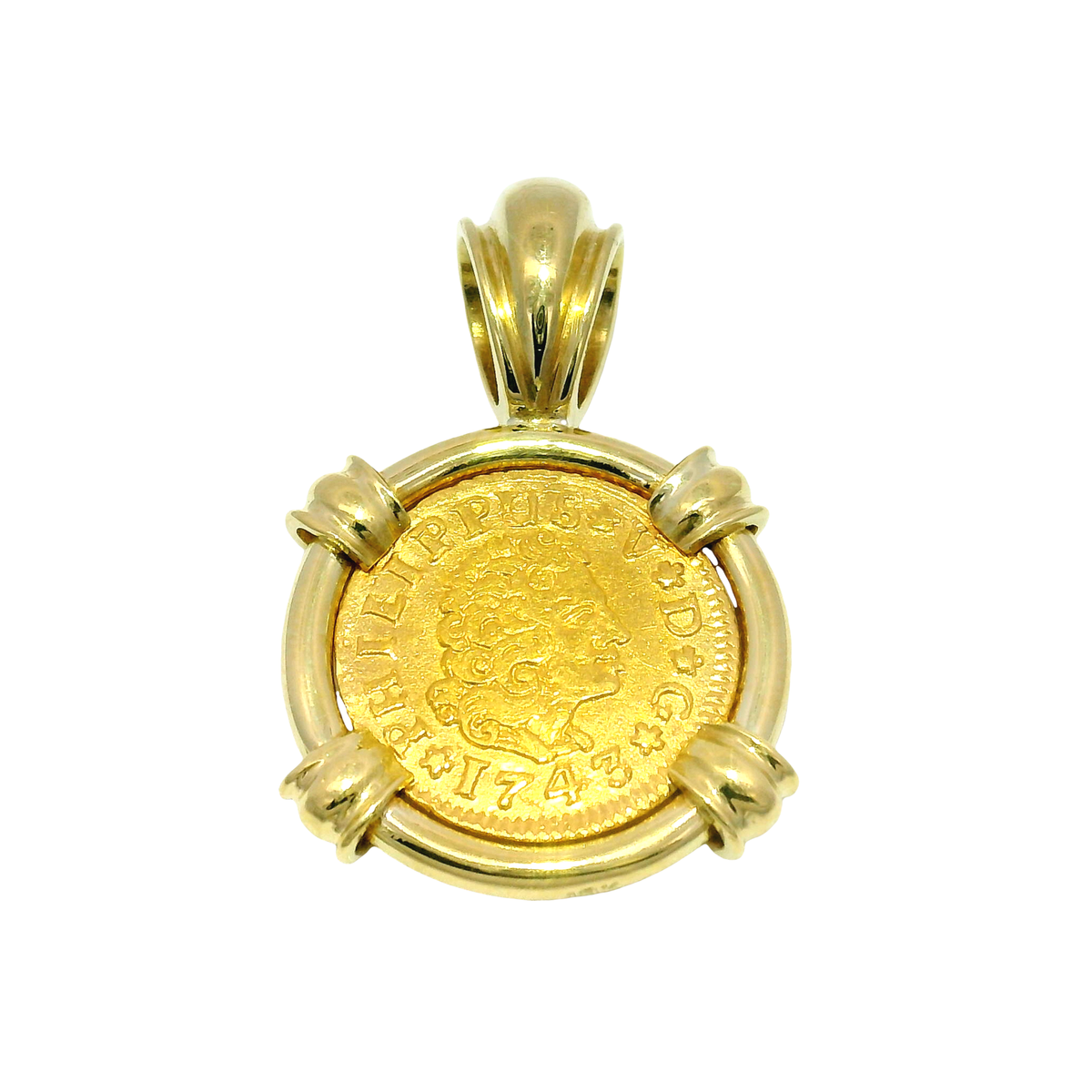 1743 Spanish Half Escudo Gold Coin Mounted in Custom 18K Bezel