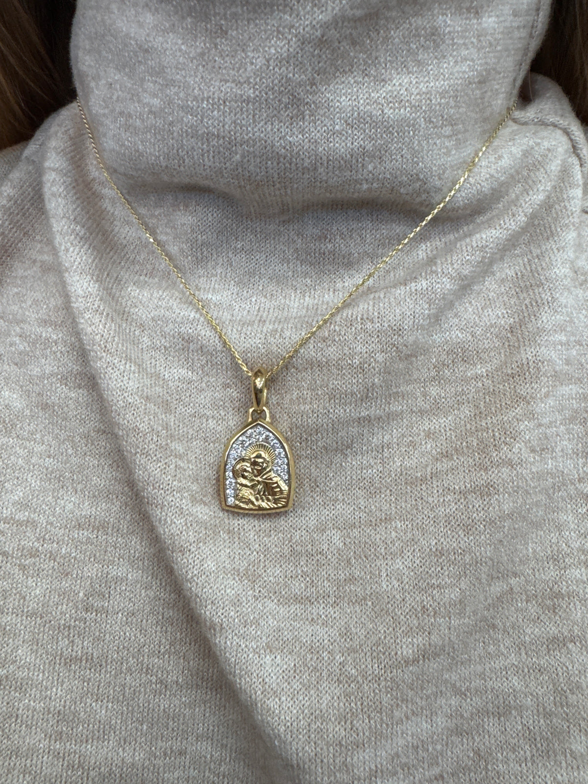 David Yurman St. Anthony Amulet In Solid 18k Yellow Gold Featuring Natural Diamonds on 14K Yellow Gold Rope Chain