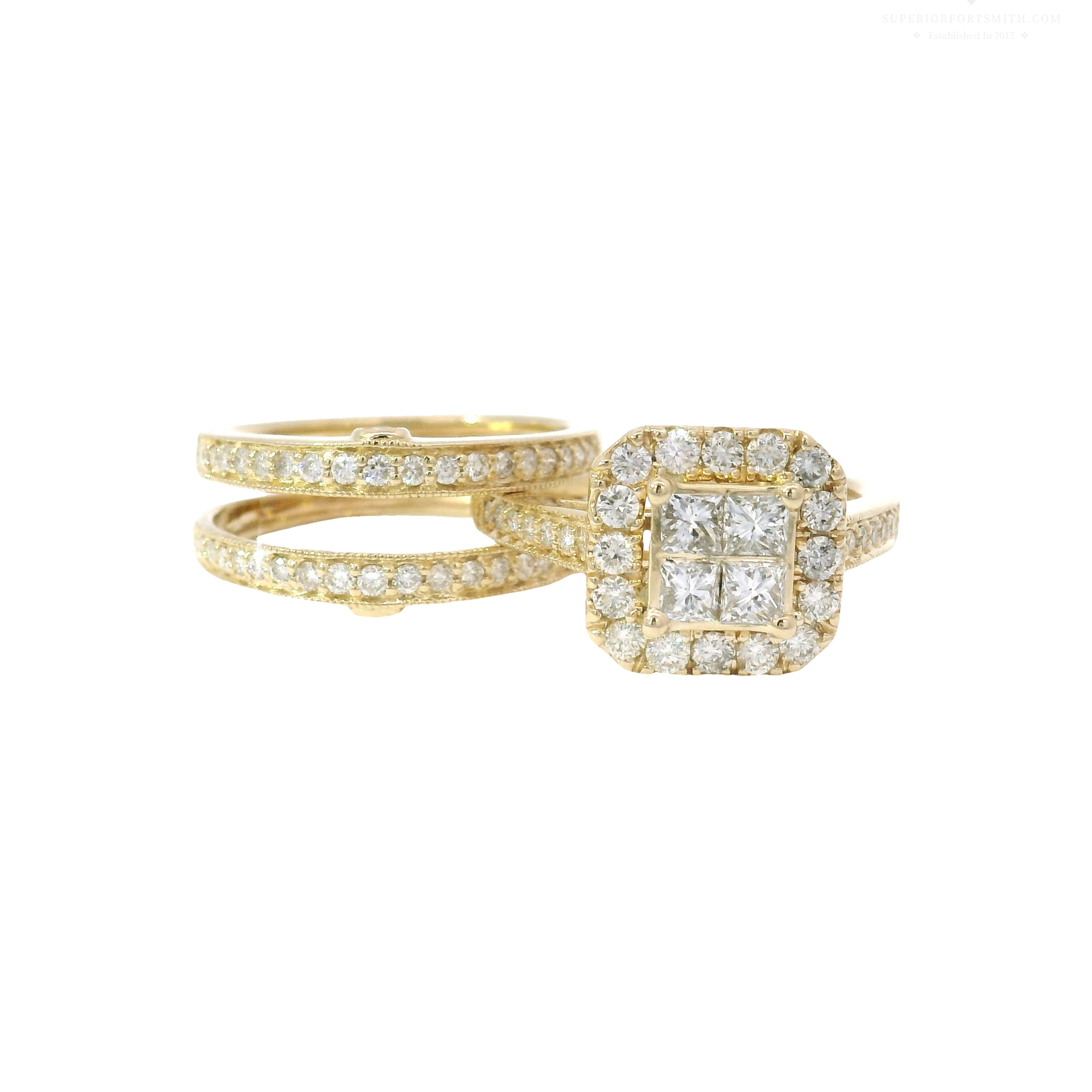 Natural Quad Set Engagement Ring in Halo with Matching Guard Set in 14K Yellow Gold