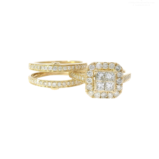 Natural Quad Set Engagement Ring in Halo with Matching Guard Set in 14K Yellow Gold