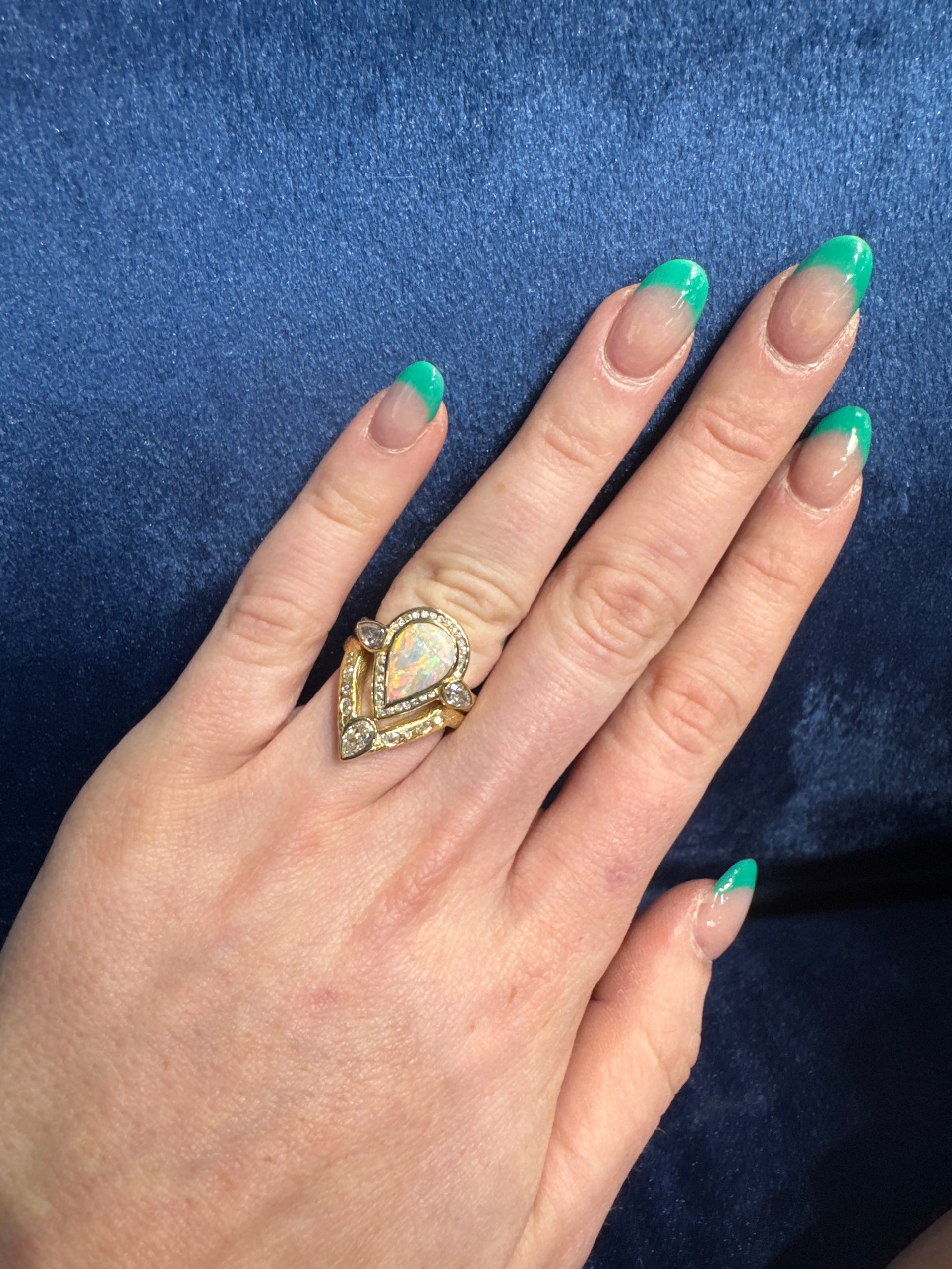 Pear Shape Opal Set in 14K Yellow Gold Mounting with Diamond Accents and Matching Band (Opal is Cracked) Sz 5.5