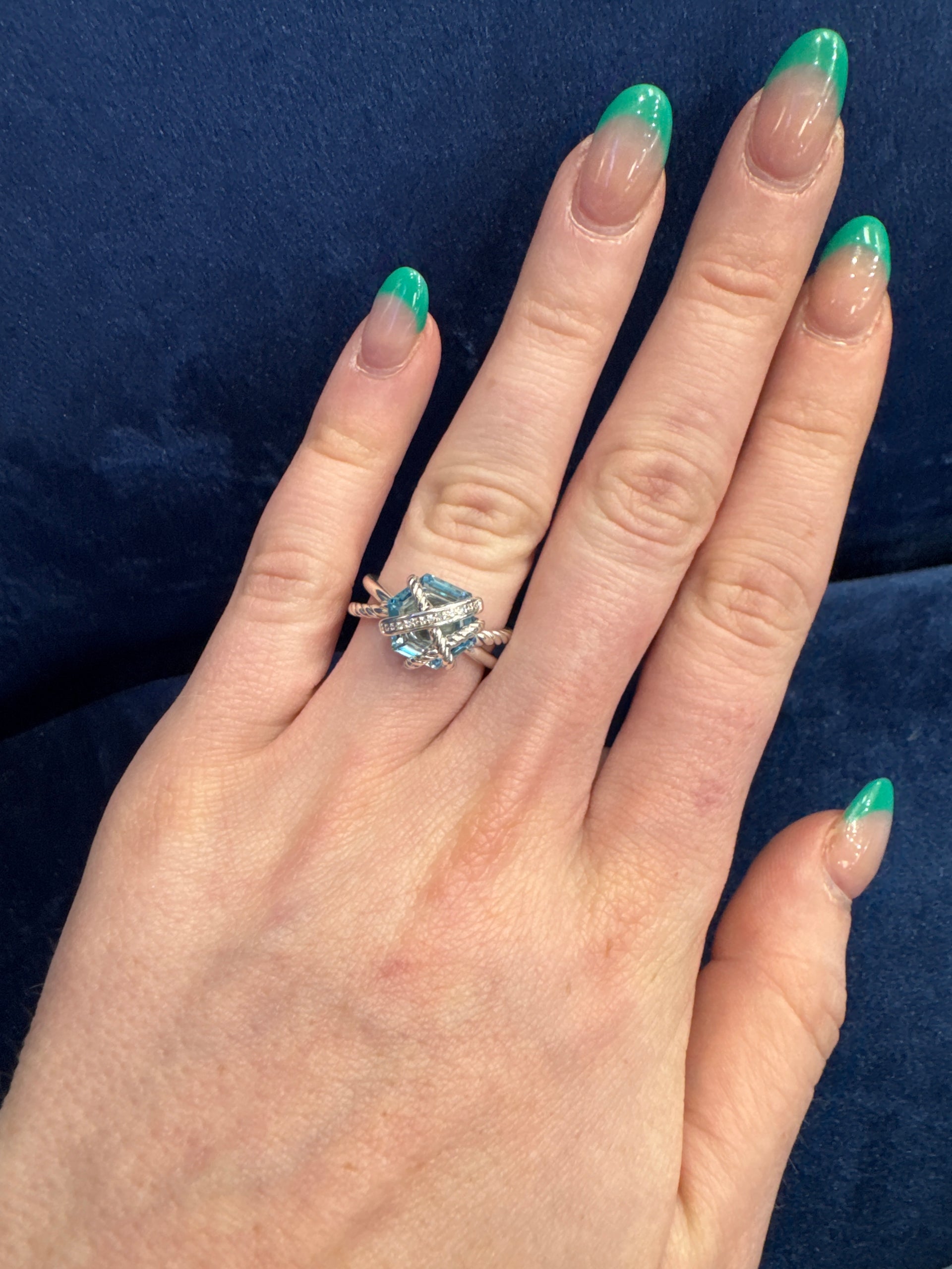 David Yurman Cable Wrapped Blue Topaz Ring with Diamond Accents Set in Sterling Silver Sz 6