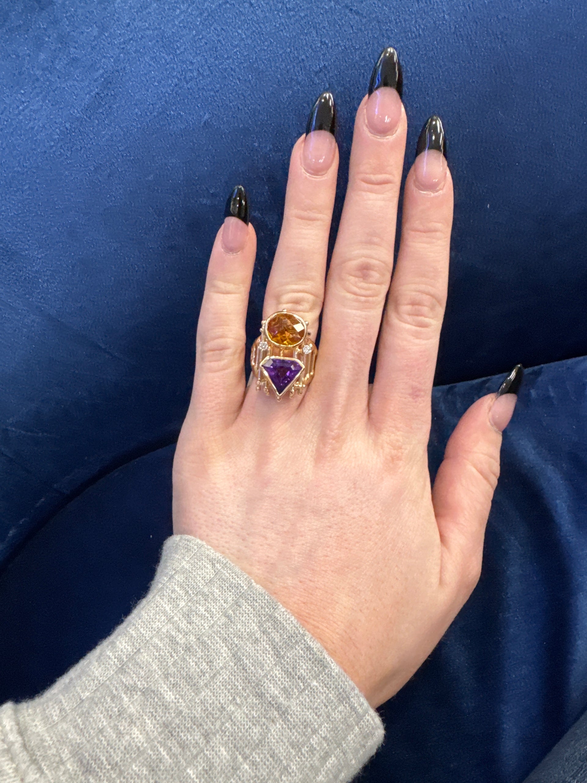 Amethyst & Citrine Ornate Style Fashion Ring in 14K Yellow Gold