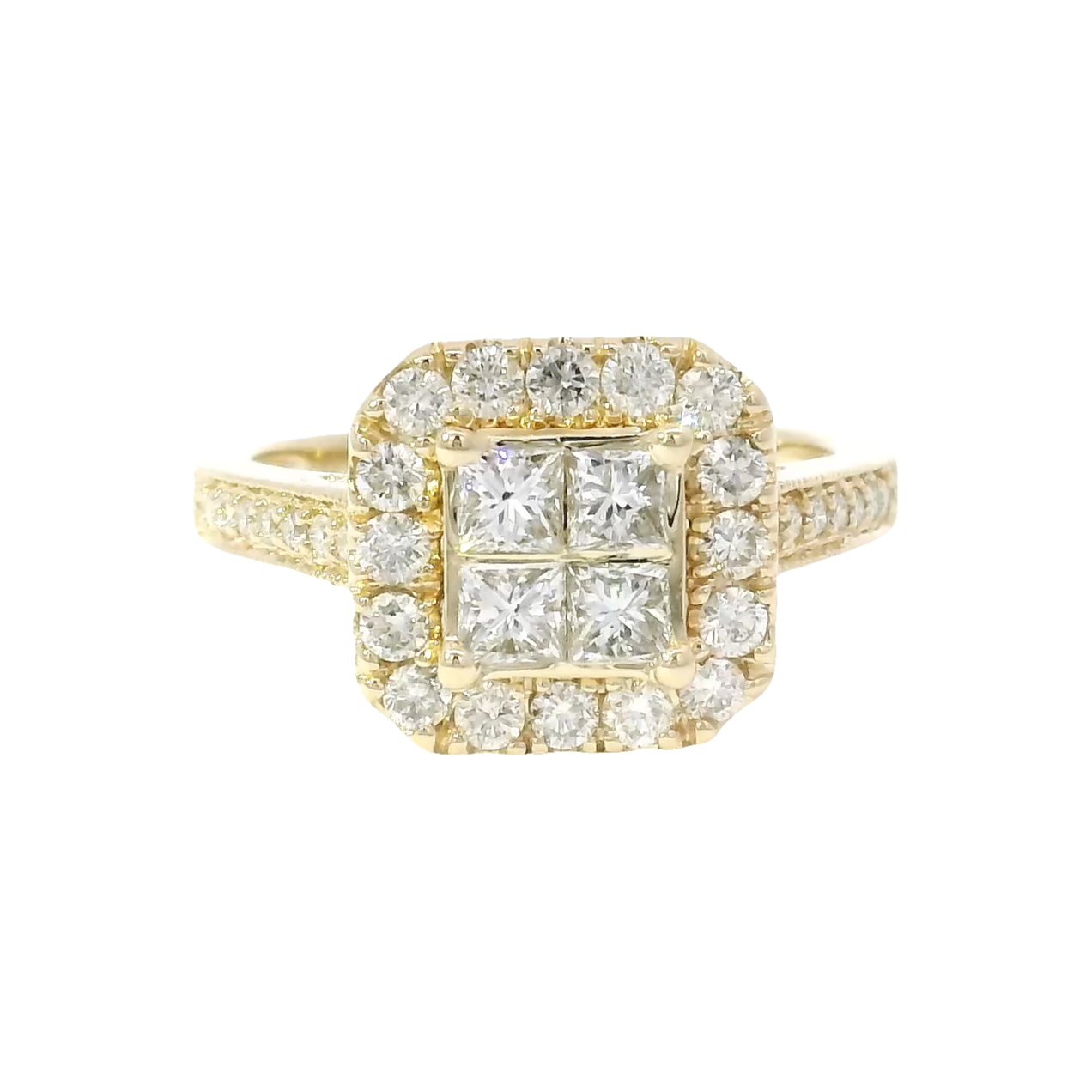 Natural Quad Set Engagement Ring in Halo with Matching Guard Set in 14K Yellow Gold