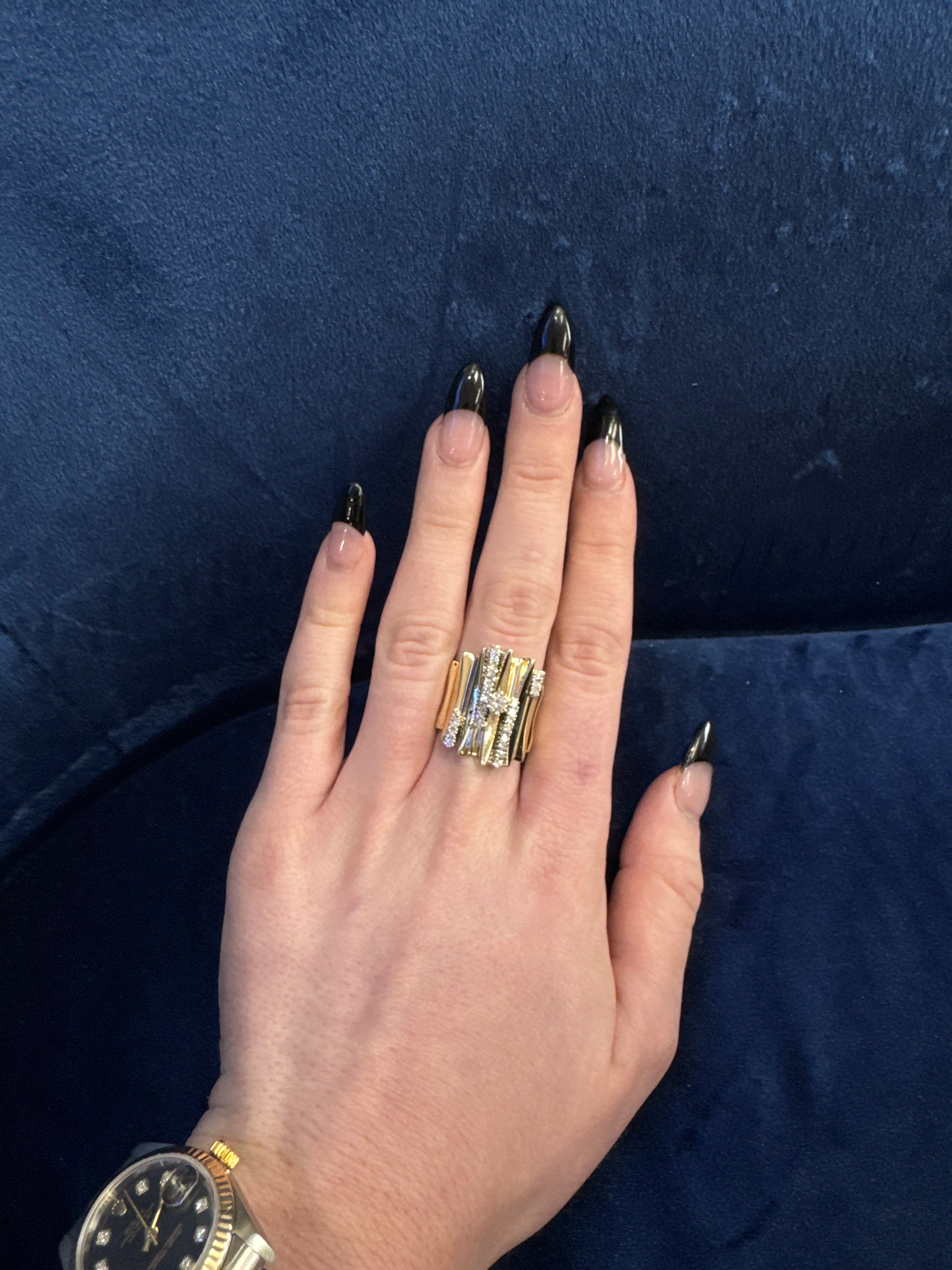 Multi Row Natural Diamond Architectural Statement Ring in 14K Yellow Gold