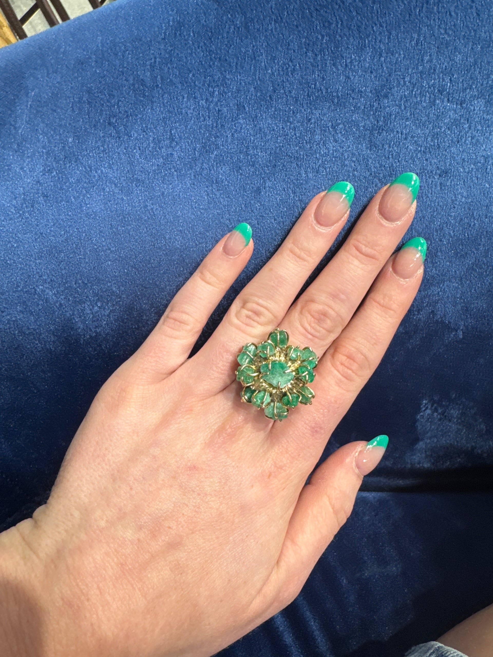 Natural Uncut Emerald Cluster Ring Set in 18K Yellow Gold Sz 7.5