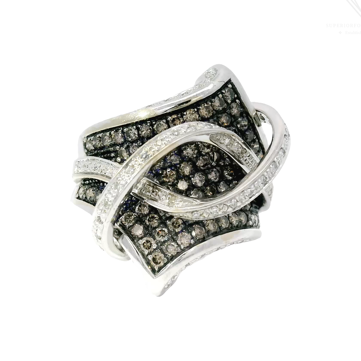 Custom Cluster Cocktail Ring Featuring Champagne and White Diamonds in 14K White Gold Sz 7