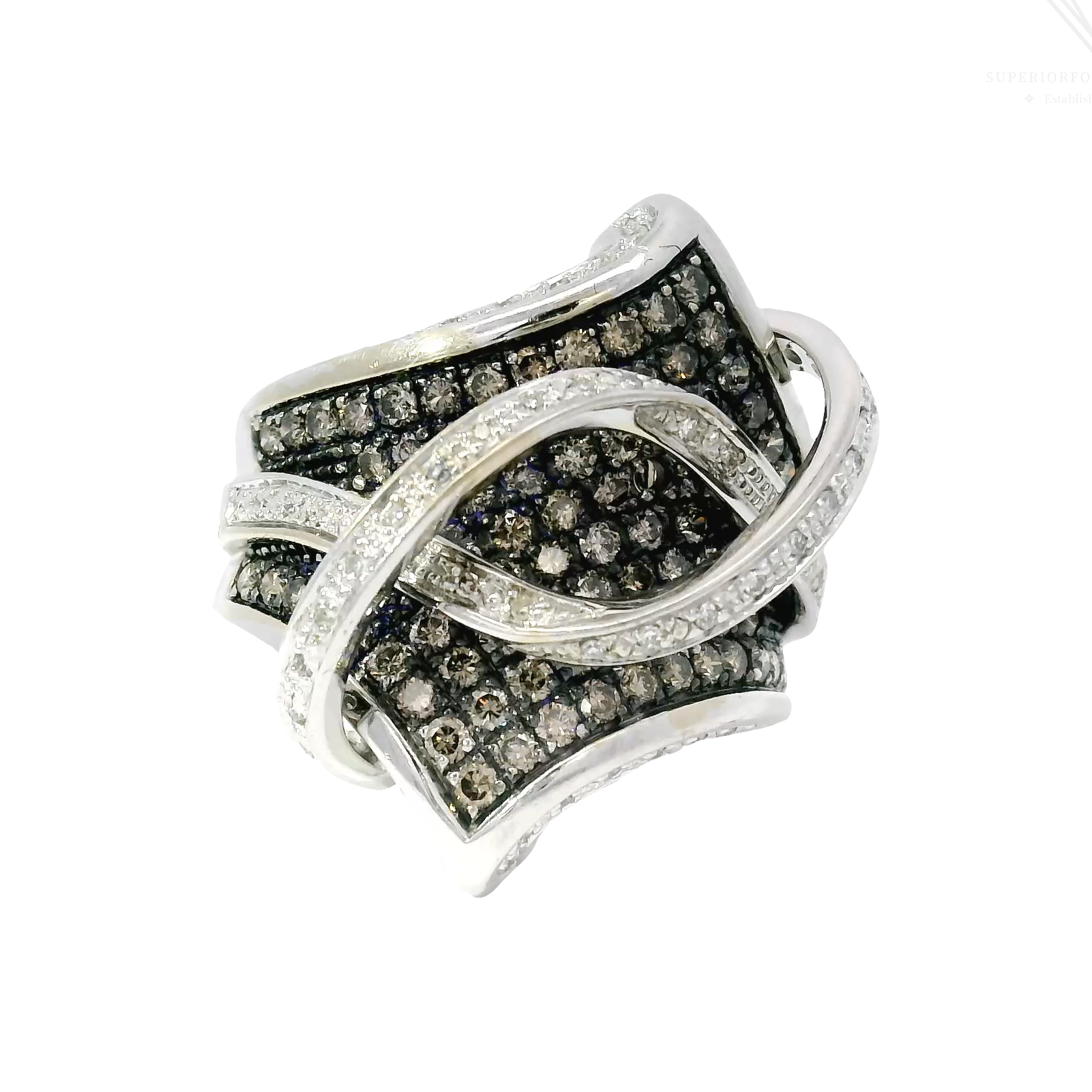 Custom Cluster Cocktail Ring Featuring Champagne and White Diamonds in 14K White Gold