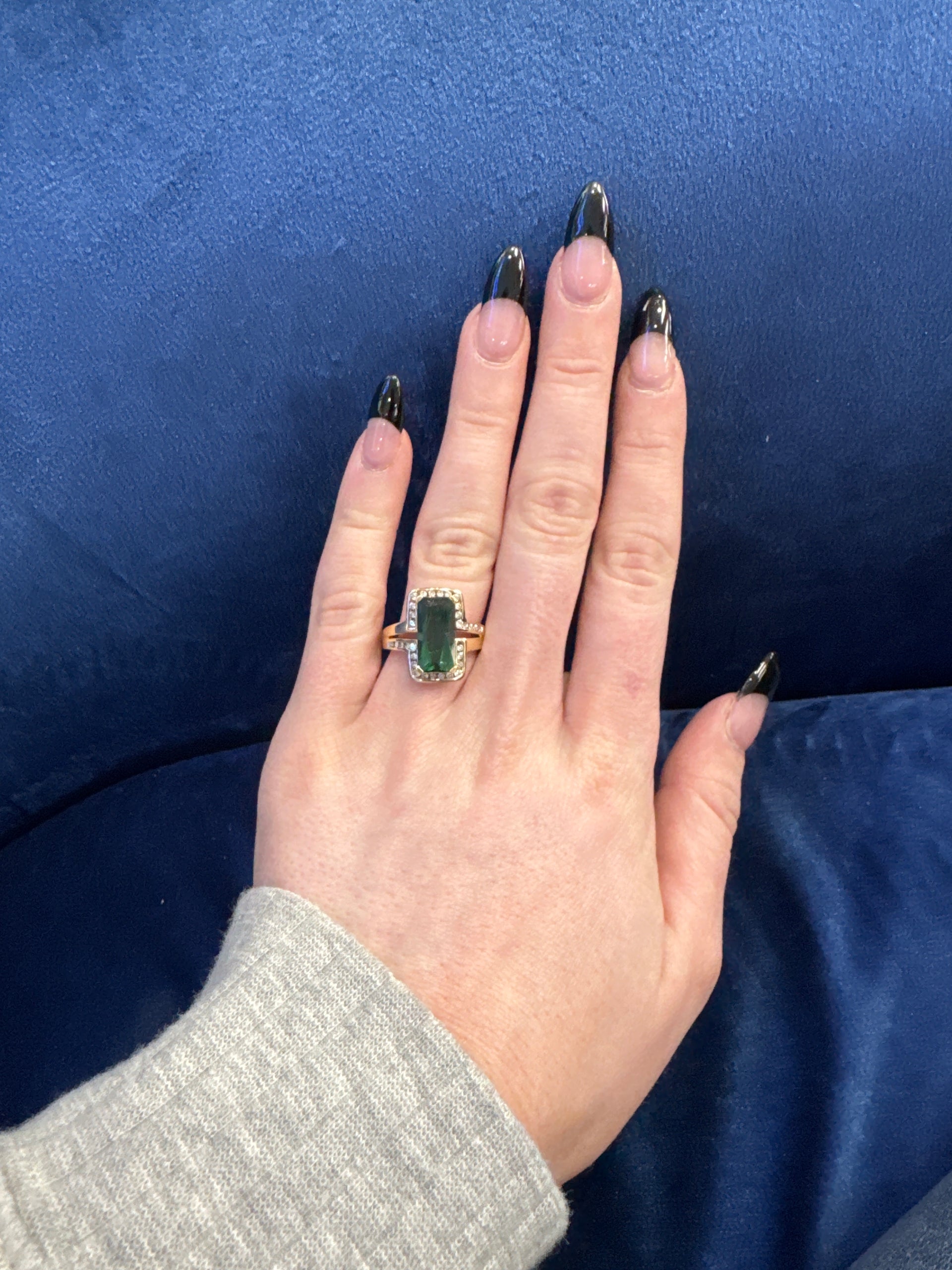 Radiant Cut Green Tourmaline Bypass Style Ring in 14K Yellow Gold