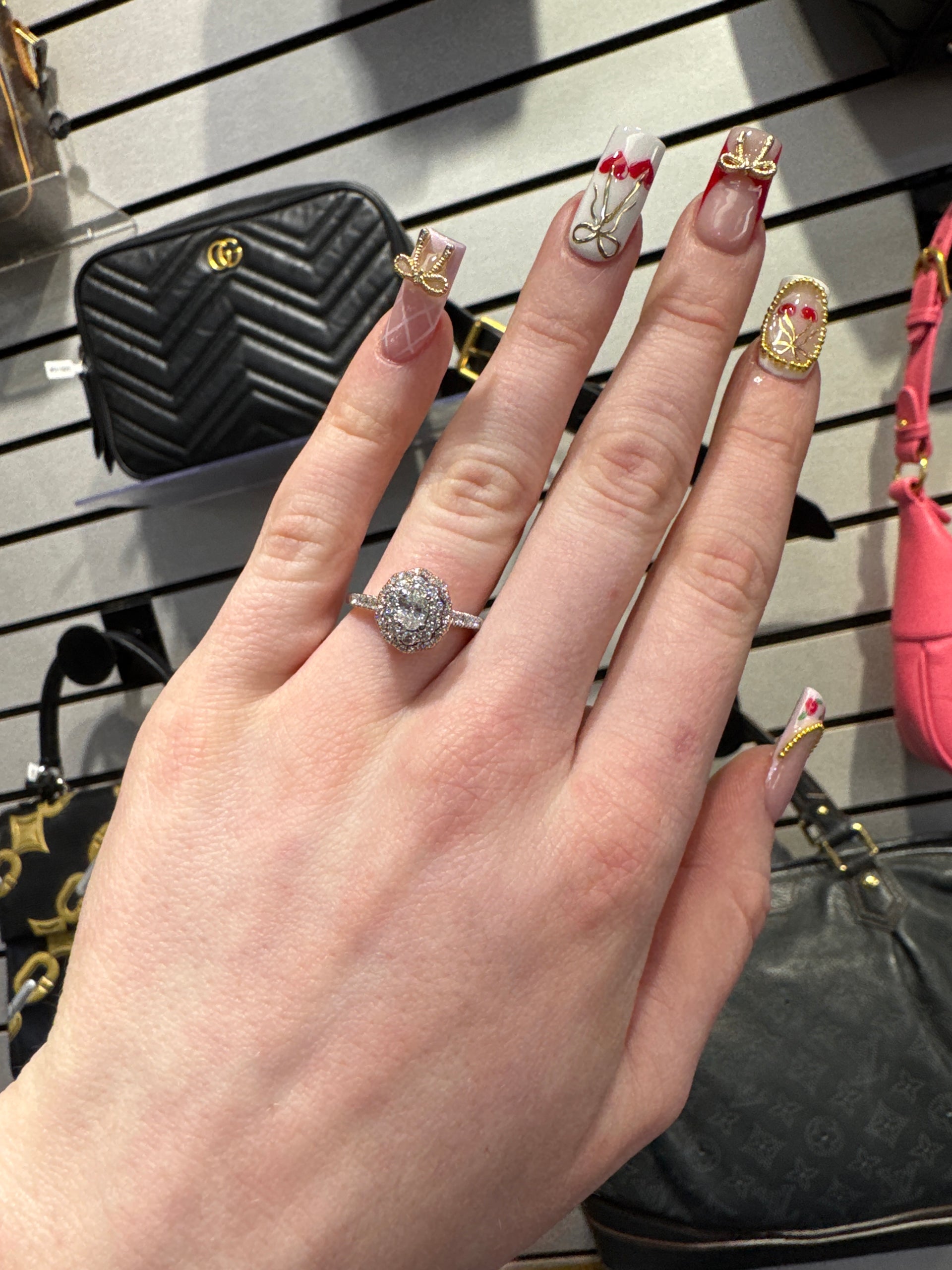 Natural Oval Cut Diamond Engagement Ring in 14K White Gold with Rose Gold Accent Halo