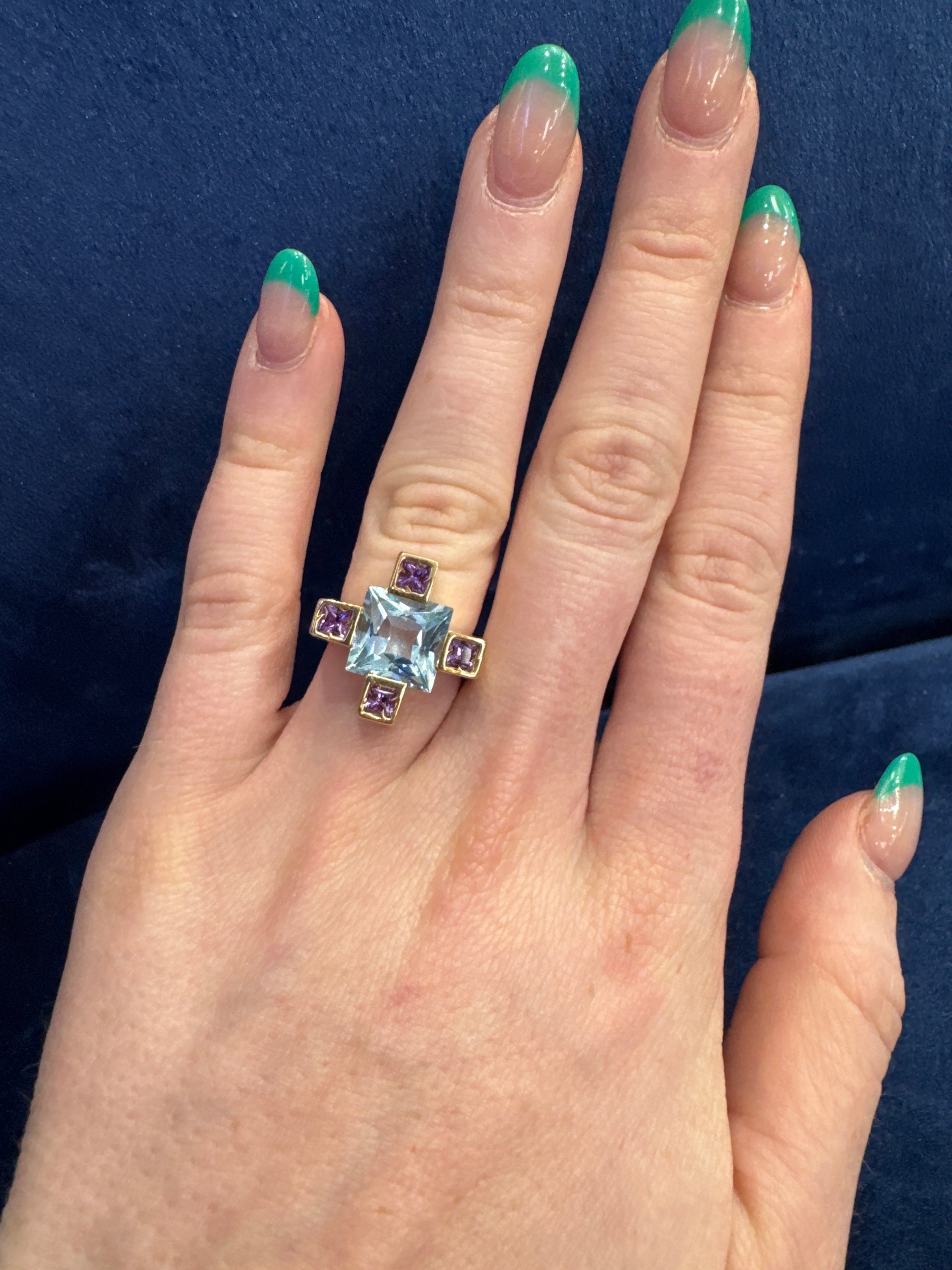 Topaz & Amethyst Cross Design Ring in 14K Yellow Gold Sz 6