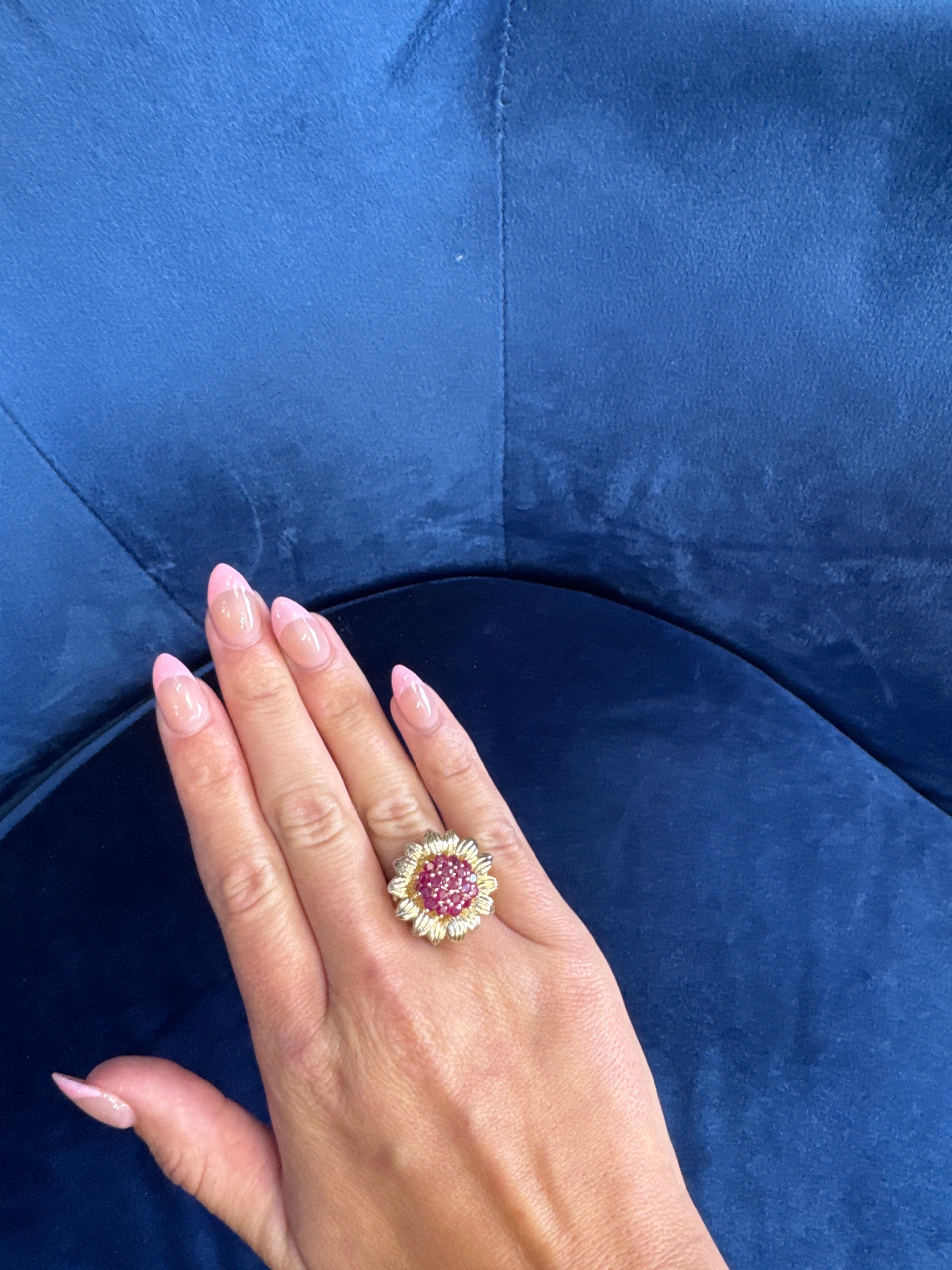 Flower Style Ruby Cocktail Ring in 14K Yellow Gold