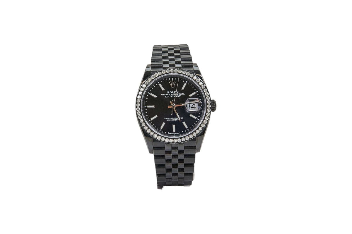 36mm Rolex Datejust Black PVD Coated with Aftermarket Diamond Bezel (OG Bezel Included)