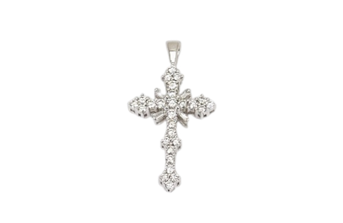 Natural Round & Baguette Diamond Cross Pendant in 14K White Gold