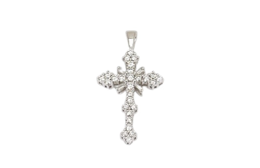 Natural Round & Baguette Diamond Cross Pendant in 14K White Gold