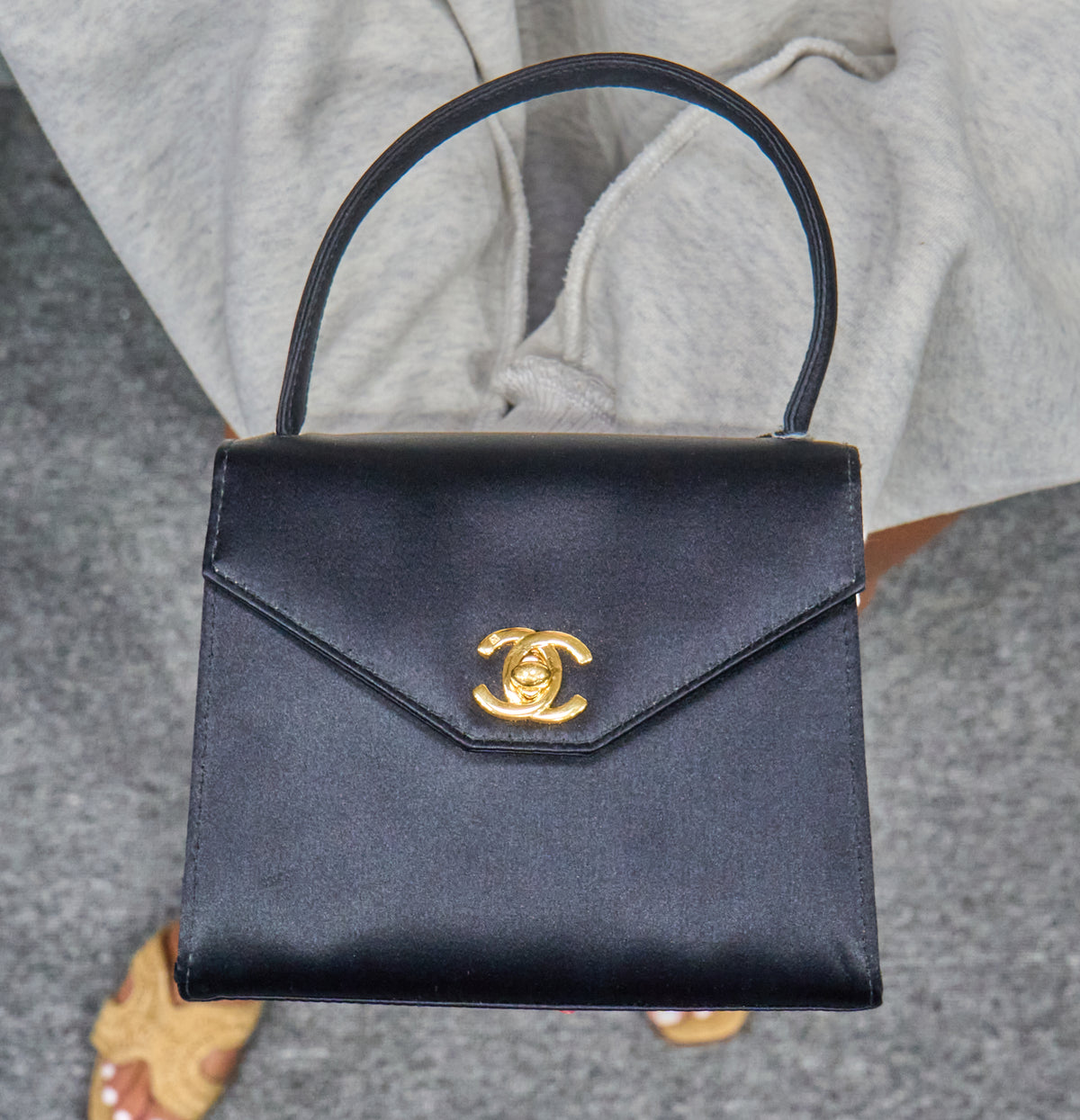 Chanel Vintage Kelly 90's Black Satin Gold Mini Evening Bag