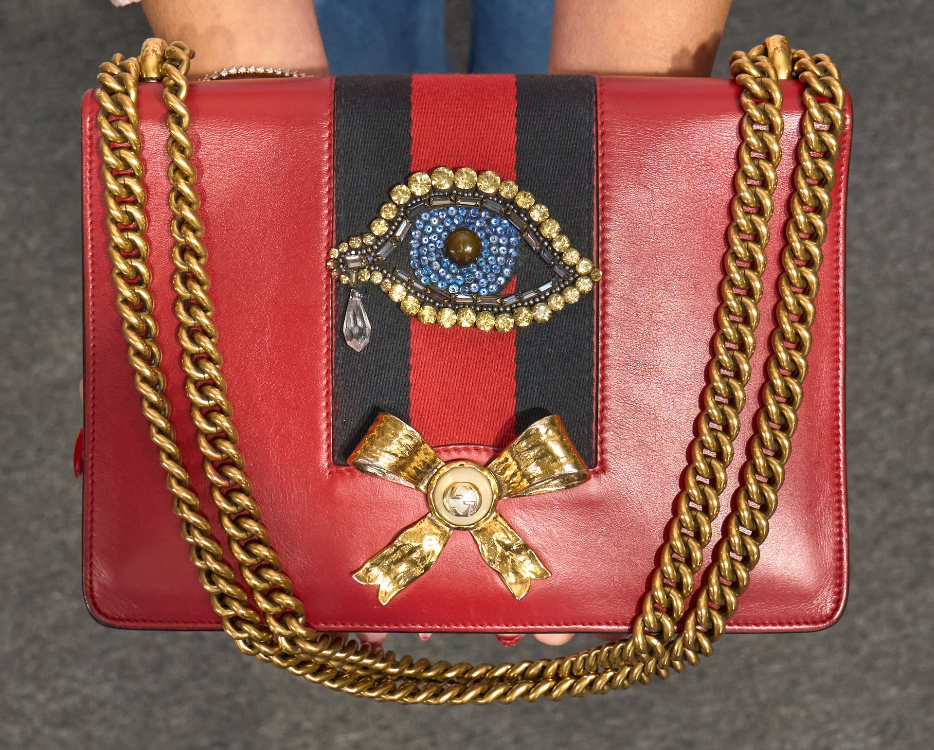 Gucci Red Leather Beaded Eye Bow Peony Shoulder Bag