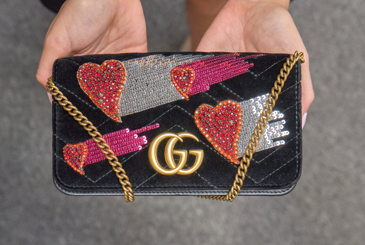 Gucci GG Marmont Heart Chain Flap Bag in Black Velvet