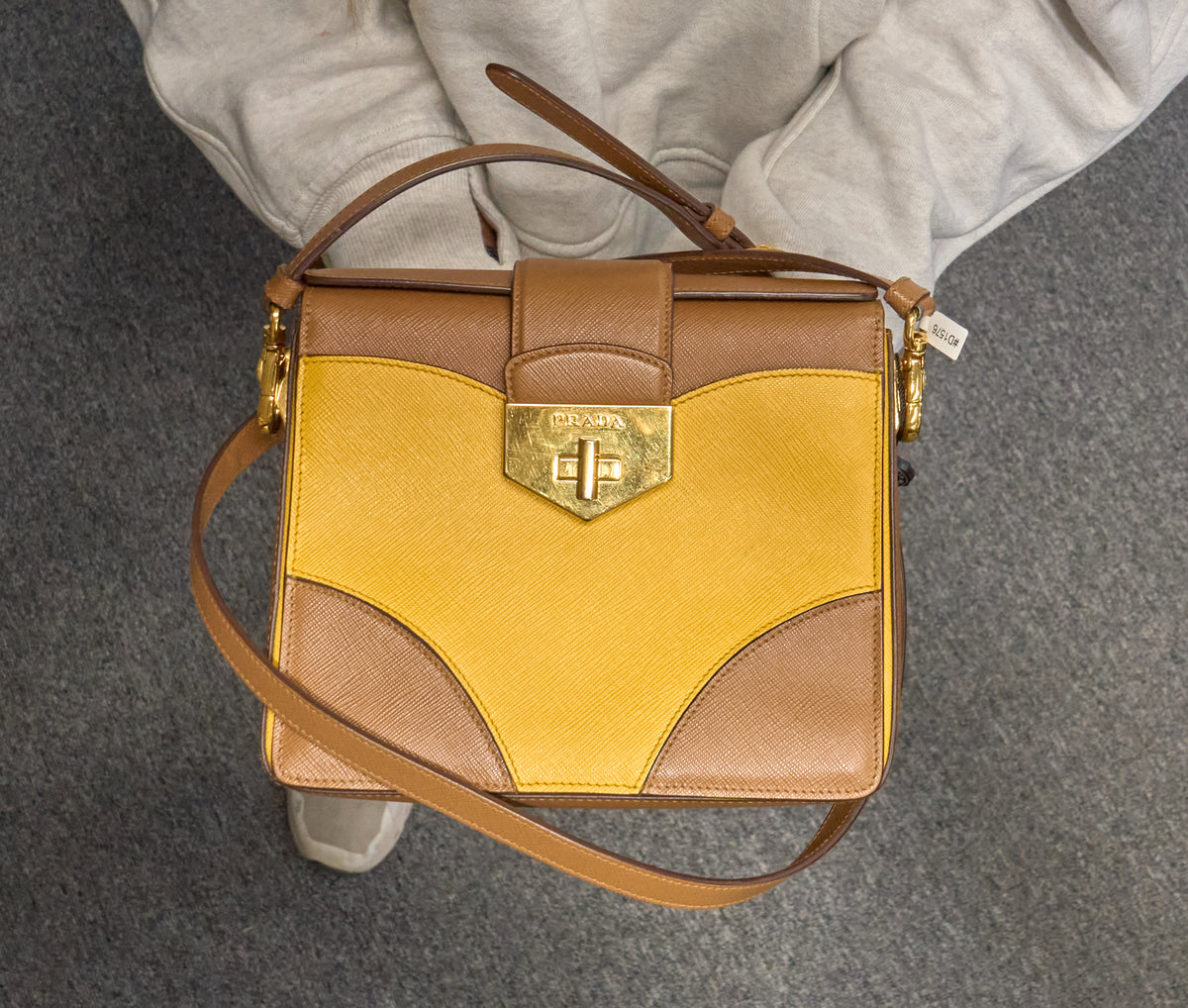 Prada Saffiano Bicolor Turn Lock Bi-Color Caramel/Mimosa