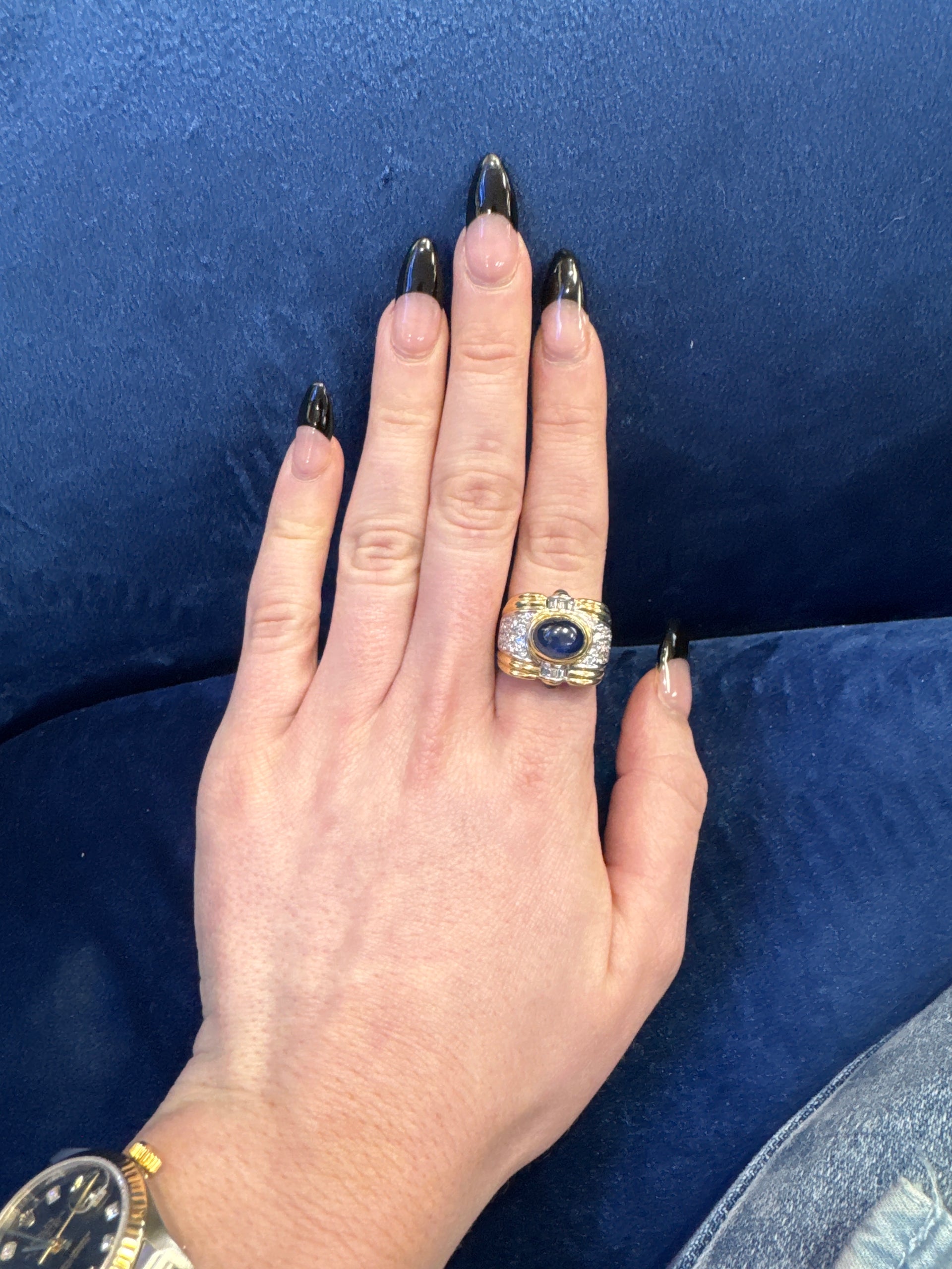 Natural Blue Sapphire Oval Cabochon With Natural Diamond Accents in 18K Yellow Gold