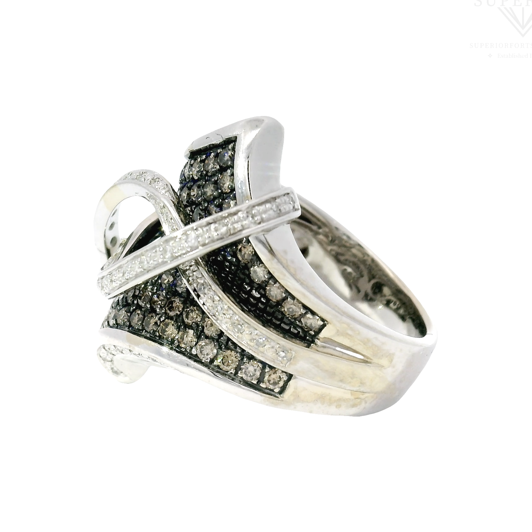 Custom Cluster Cocktail Ring Featuring Champagne and White Diamonds in 14K White Gold