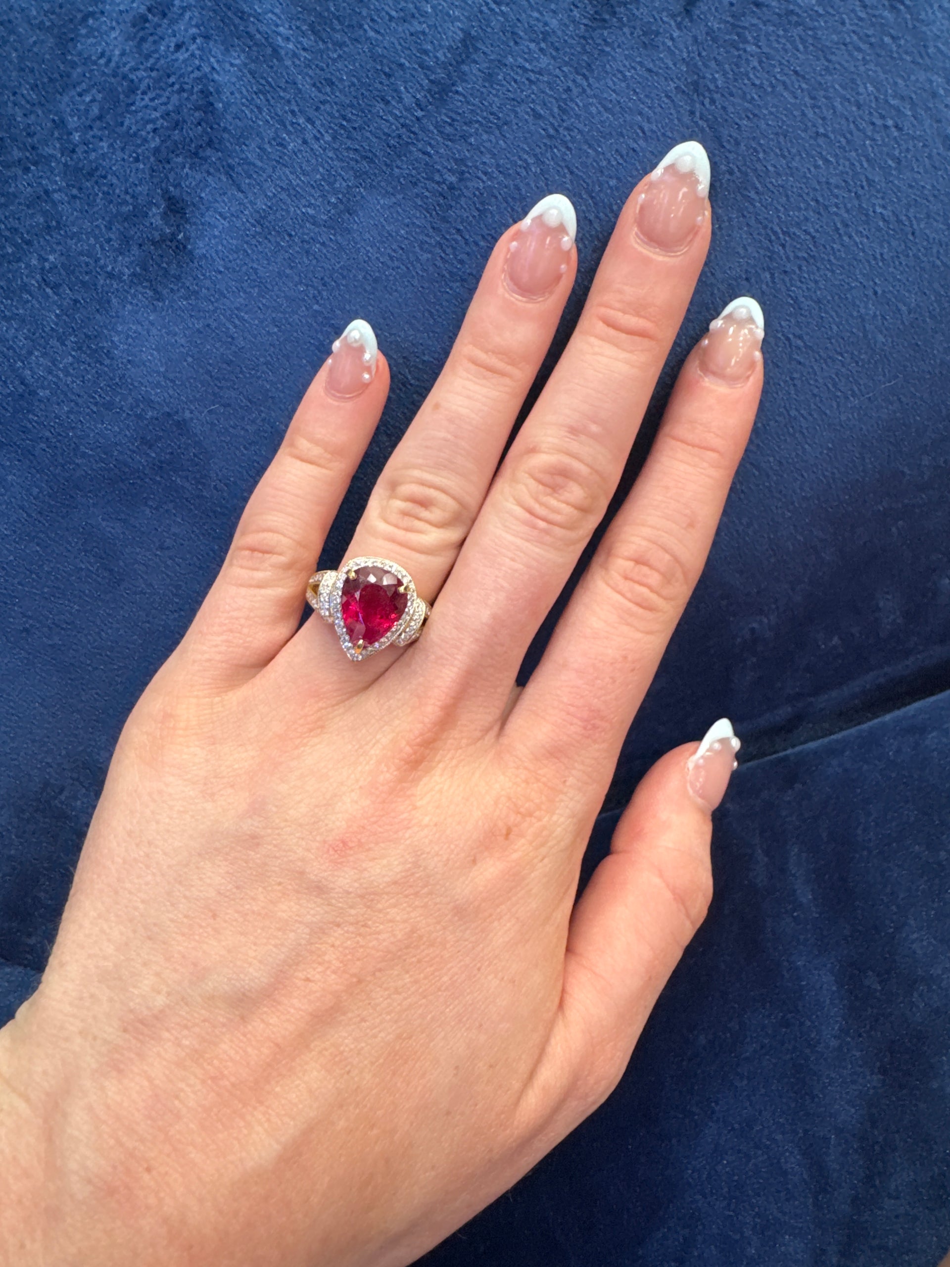4.15ct. Rubelite Tourmaline in 18K Yellow Gold Diamond Halo Ring