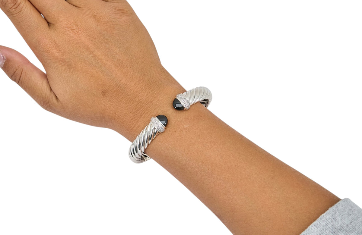 David Yurman Waverly Cable Cuff Bracelet Feauturing Onyx & Natural Diamonds Set in Sterling Silver