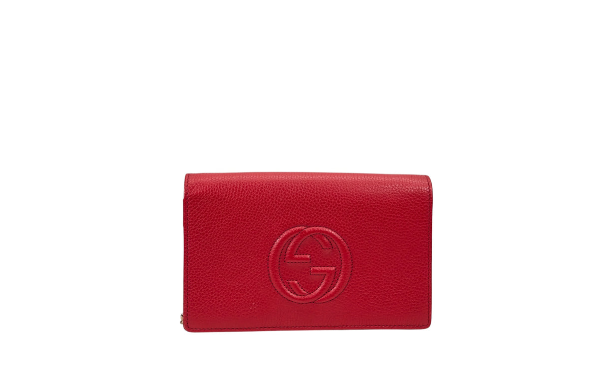 Gucci Soho Wallet on Chain in Red Pebbled Calfskin Leather