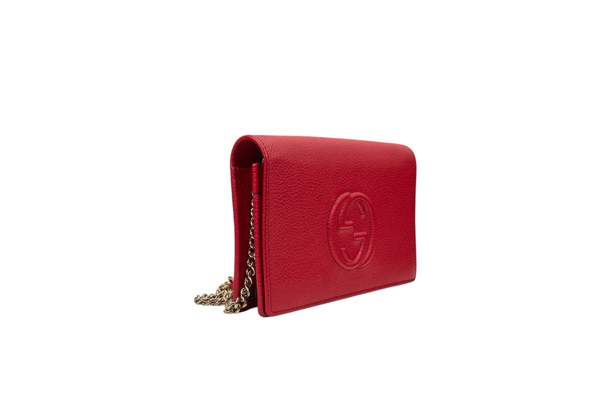 Gucci Soho Wallet on Chain in Red Pebbled Calfskin Leather