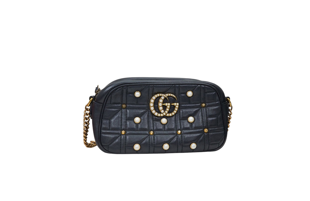 Gucci Marmont Small Faux Pearl Quilted Calfskin Black Shoulder Bag