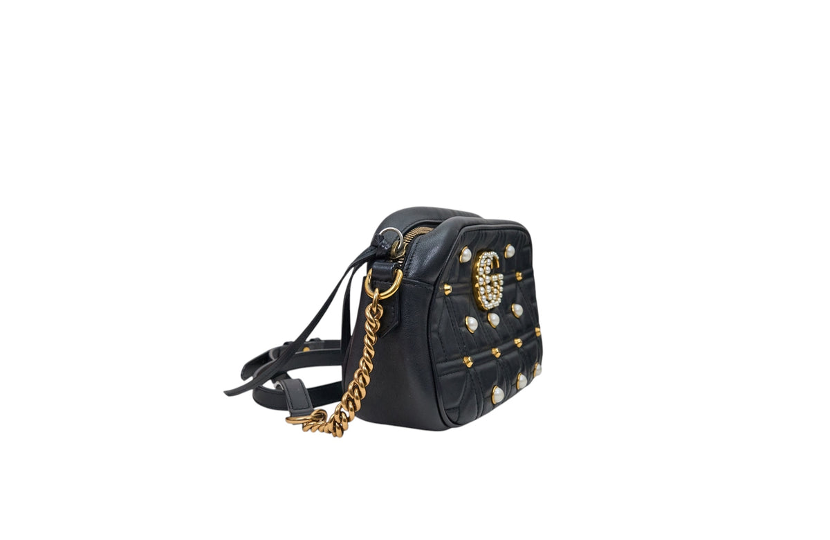 Gucci Marmont Small Faux Pearl Quilted Calfskin Black Shoulder Bag