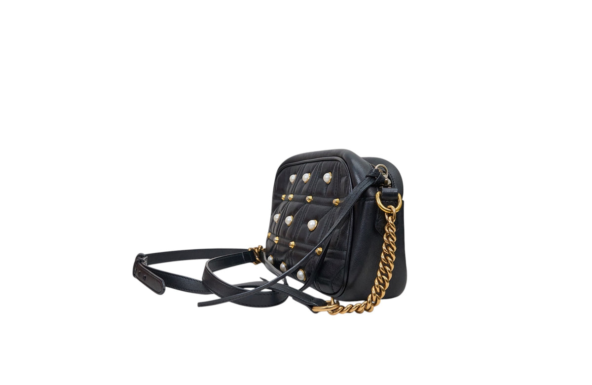 Gucci Marmont Small Faux Pearl Quilted Calfskin Black Shoulder Bag