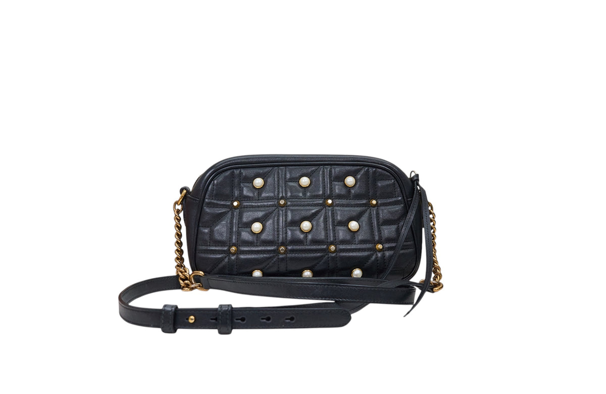 Gucci Marmont Small Faux Pearl Quilted Calfskin Black Shoulder Bag