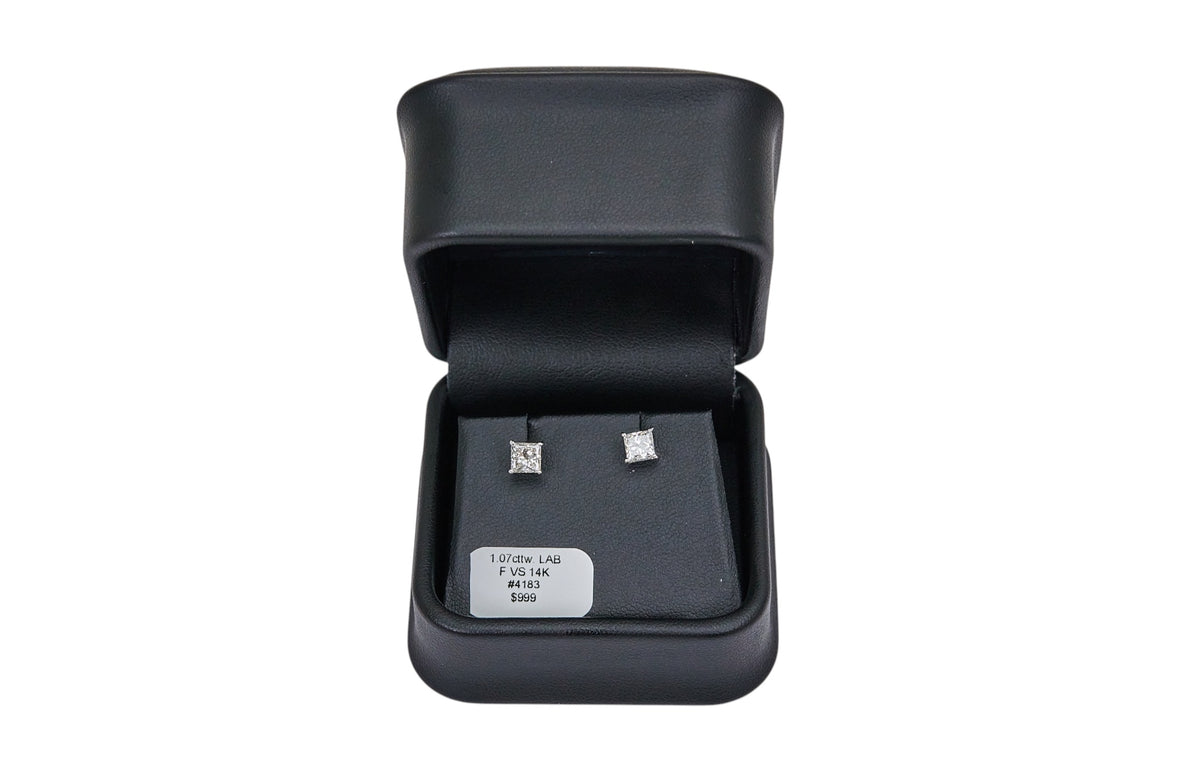 1.07cttw. F VS Lab Grown Princess Cut Diamond Stud Earring in 14K White Gold