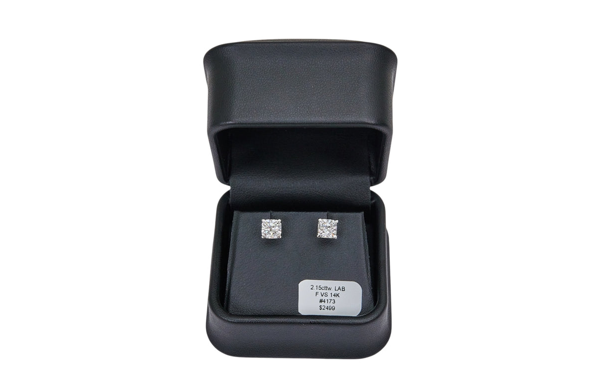 2.15cttw F VS Lab Grown Cushion Diamond Studs Set in 14K White Gold