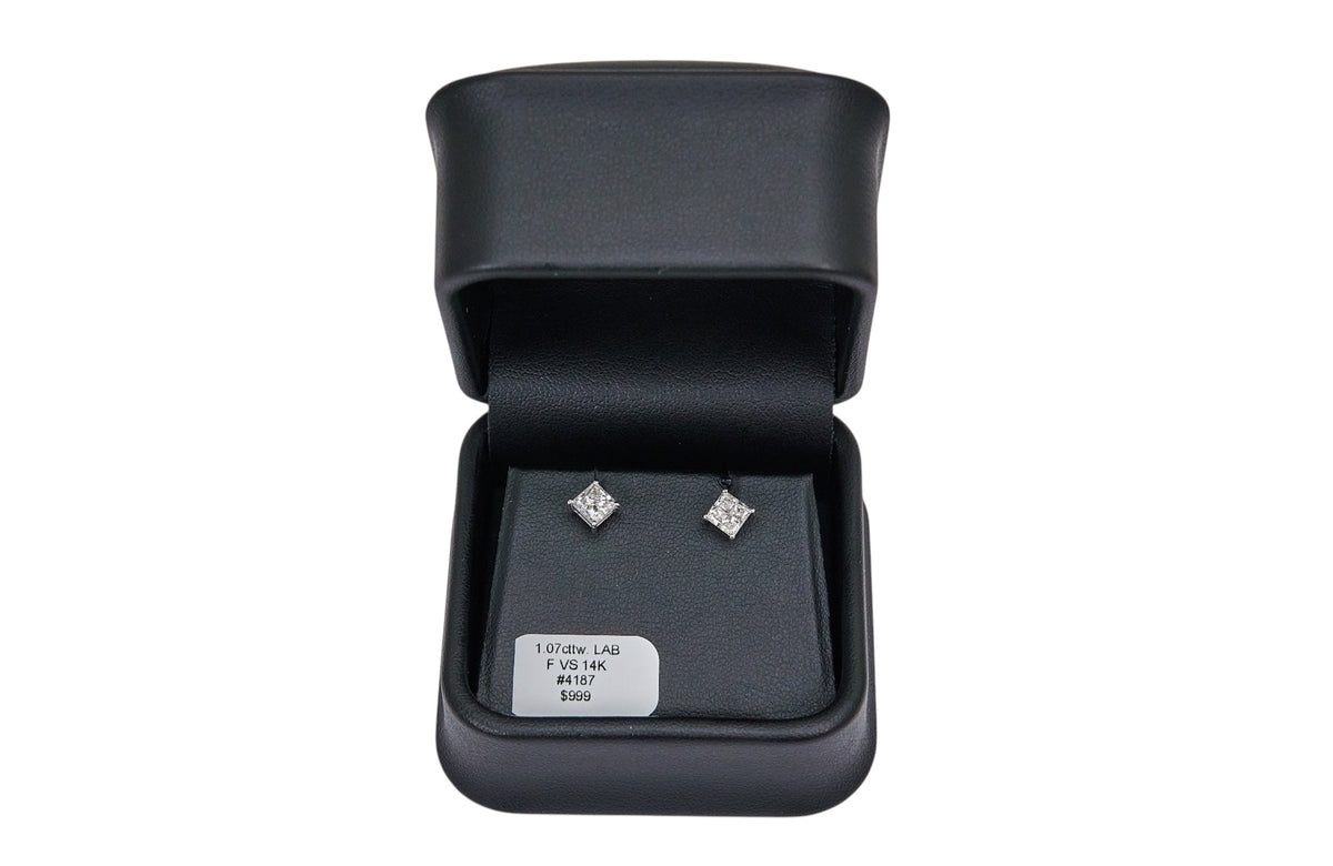 1.07cttw. F VS Lab Grown Princess Cut Diamond Stud Earring in 14K White Gold